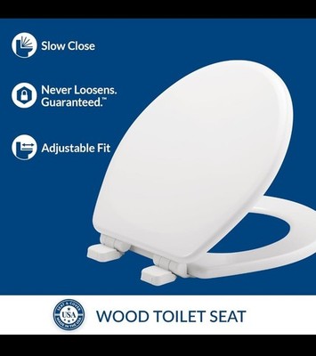Mayfair Linden Slow Close Toilet Seat Non Slip Heavy Duty Wood Round White Round