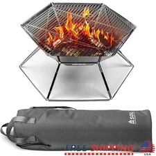 Packable Fire Pit Grill Multi-Fuel Compatible Hexagonal Base Outdoor Cooking New