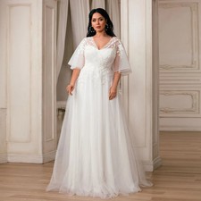 Princess Wedding Dresses Plus Size V Neck Tulle A Line Sweep Train Bridal Gown