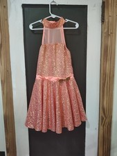 Girls Revolution dance wear coral gold sparkle dress size mc