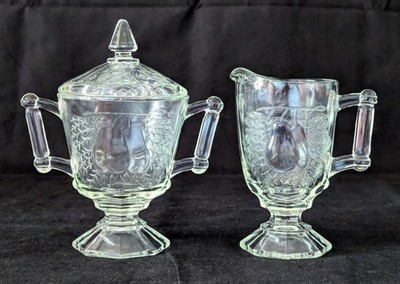 Jeannette Glass Baltimore Pear Clear Depression Glass Creamer & Sugar w/Lid