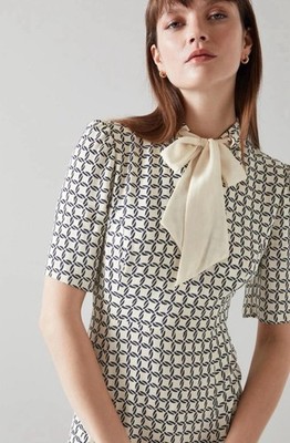 LK Bennett Edith Basket Print Neck Tie Midi Dress US 6 UK 10 Navy Blue White NWT