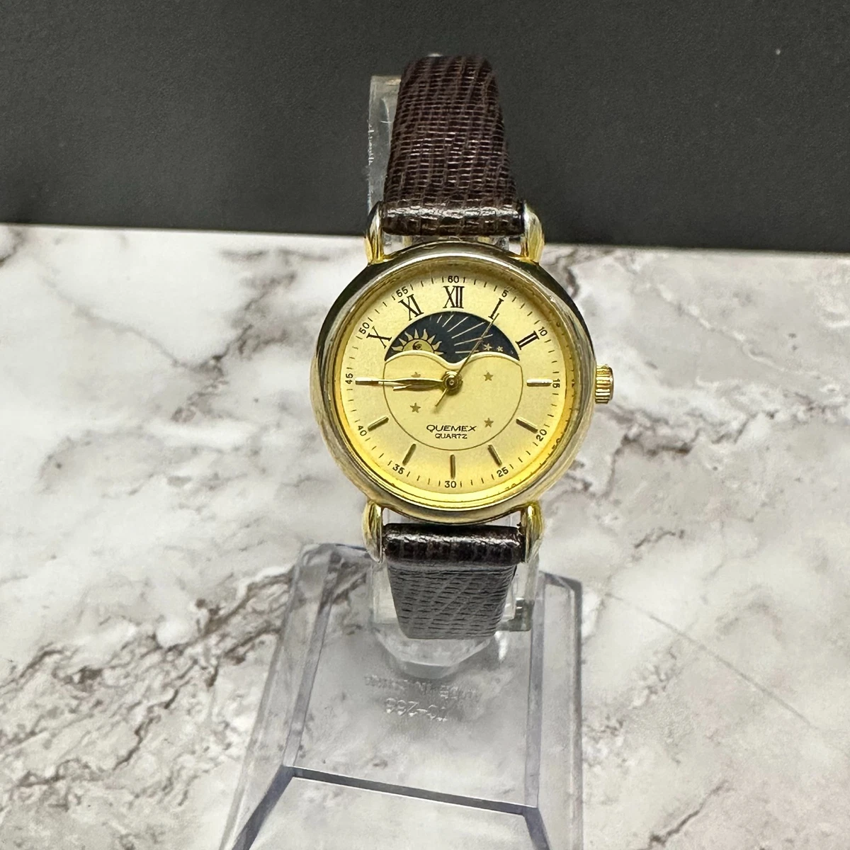 Quemex Moon Phase Womens Watch 19mm Gold Tone  Brown Band New Battery 8.5\