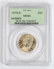 Certified 1916-D Barber Quarter PCGS MS65 Silver 25c