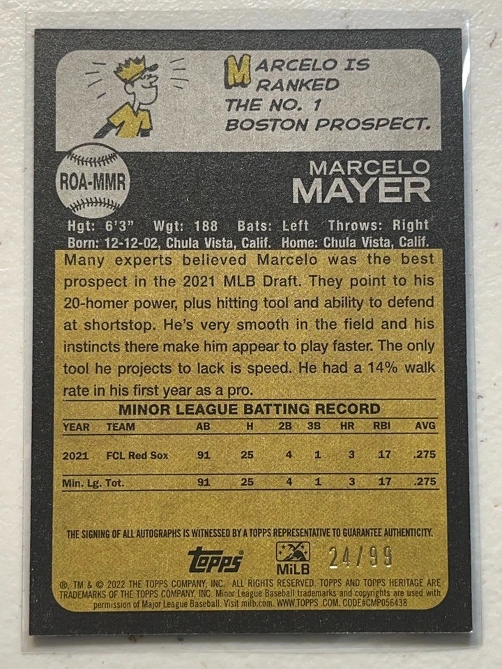 Marcelo Mayer 2022 Topps Heritage Minors /99 Blue Real One Auto ROA-MMR (READ) - Image 2 of 3
