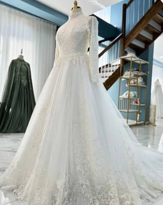 Long-Sleeved Muslim High Collar Wedding Gowns with Lace Pearls - 6