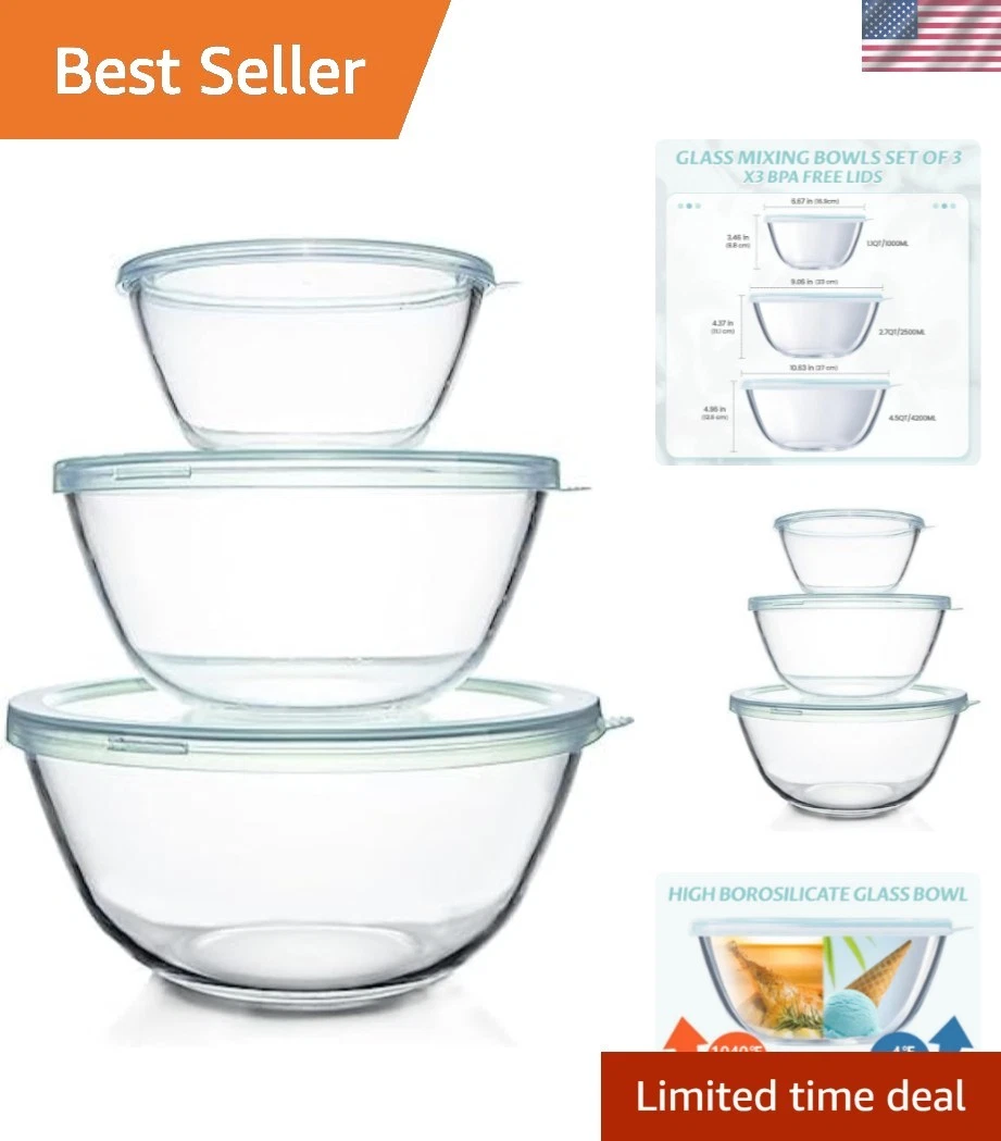 Glass Mixing Bowls with Lids Set4.5QT, 2.7QT, 1.1QT-Large Glass Mixing Bowls,...