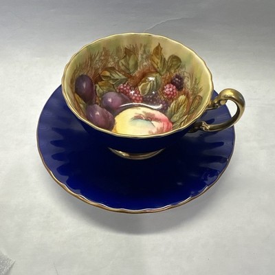 Vintage Aynsley Orchard Fruit Cobalt Blue Tea Cup Saucer Signed D. Jones England