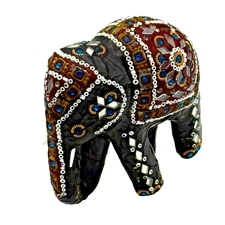 Vintage Beaded Mosaic Mirrored Elephant Figurine Taiwan 4 x 4"