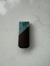 Vintage Southwestern Style Brass Inlaid Wood  Turquoise Money Clip