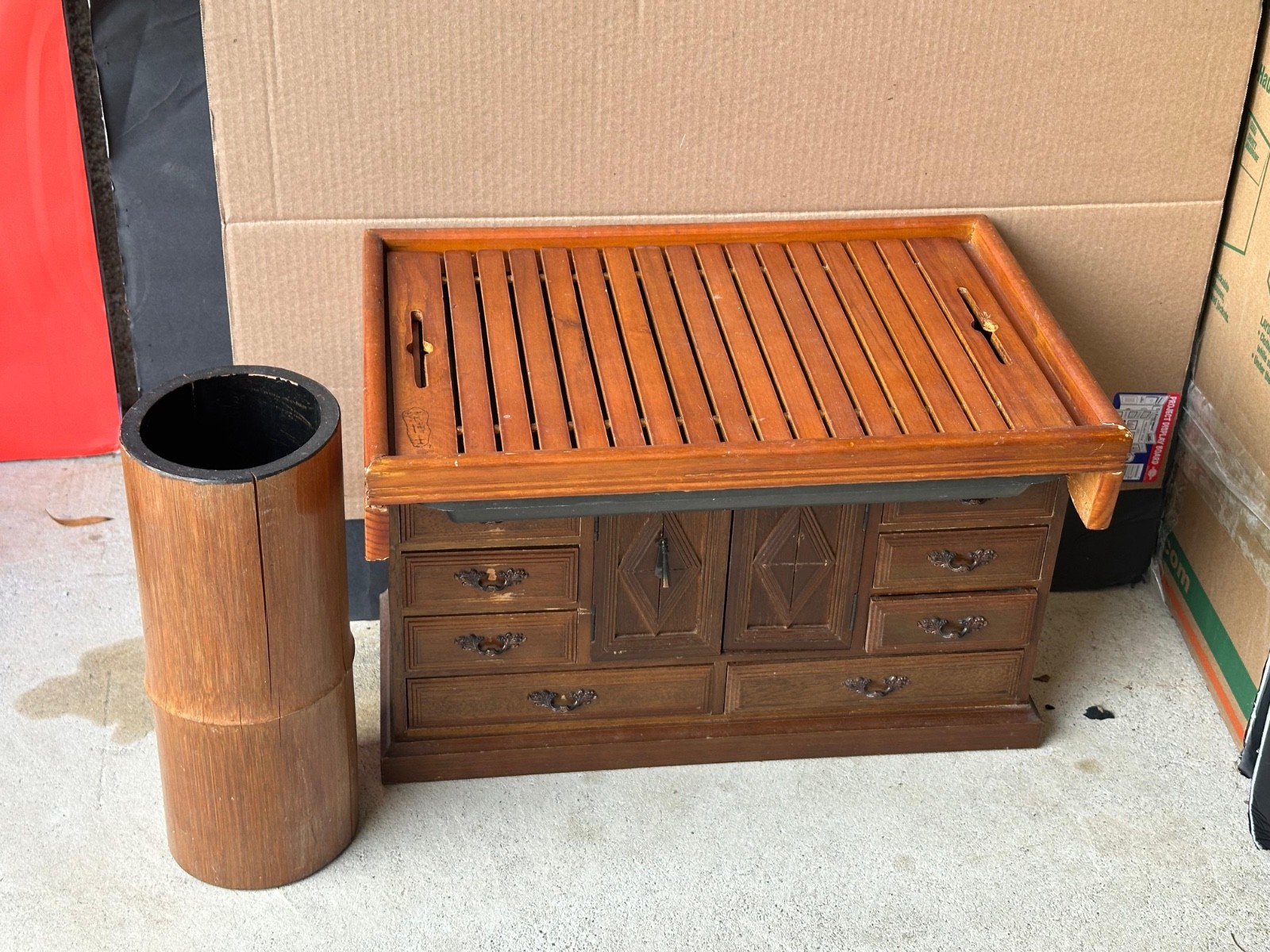 Vintage Chinese-Style Bamboo Gongfu Tea Tray & Brush Pot Holder Set