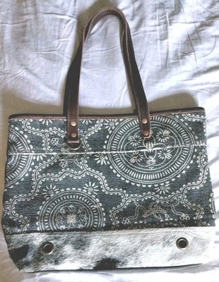 Myra Bag XL Western Weekender Tote Hair On Cowhide Leather & Gray Canvas