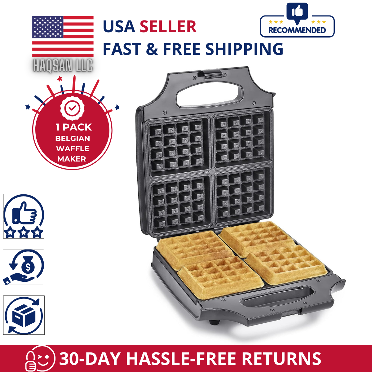 4-Square Belgian Waffle Maker with Non-Stick XL Plates & Cool-Touch Handles-image