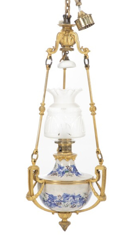 French  R. Gagneau Antique Hanging Ceiling lamp With Gilded Bronze Frame 
