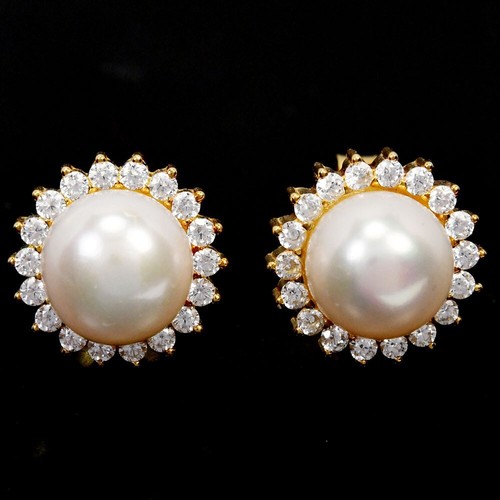 925 STERLING SILVER AAA WHITE PEARL ROUND CABOCHON & CZ STUD EARRING