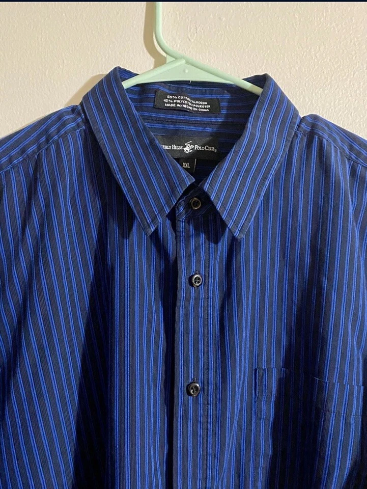 Camisa de vestir polo club Beverly Hills para hombre XXL azul negro rayas manga larga Foto 2 de 3