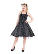 H&R LONDON BLACK WHT SMALL DOT COCKTAIL HALTER 50s PINUP PUNK VINTAGE PROM DRESS