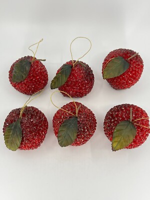 6 Vintage Beaded Sugar Frosted Faux Fruit Christmas Apple Pear Red Ornaments