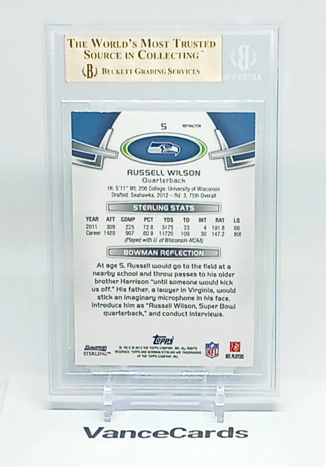 Russell Wilson Black Refractor #/75 BGS 9.5 2012 Bowman Sterling RC Rookie #5 SP Foto 2 de 2