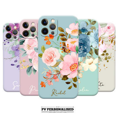 Personalisierte Handyhülle Name Silikon Cover für iPhone 13 14 12 XR 11 15 Blumen