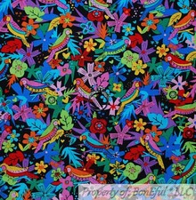 BonEful Fabric FQ Cotton Quilt Black Bright Rainbow Color Flower Mexico Bird Kid