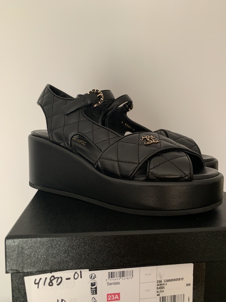 NEW Chanel Wedge Sandals Shoes Platform 40 Summer 23 Black Quilted