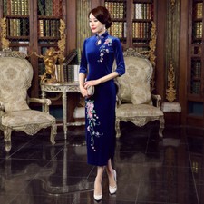 Chinese Traditional Velvet Qipao Dress Women Evening Gowns Embroidery Cheongsam