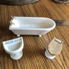 Doll House Bathroom Set Vintage Japan bathtub, sink wood lid toilet, porcelain