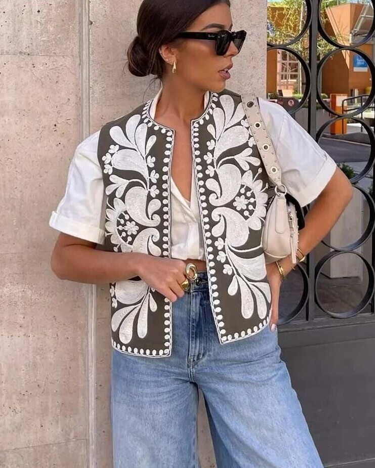 早い者勝ち！Eaphi EMBROIDERY CORD VEST beige Mincib Women's Floral Embroidered Vest Boho Vintage Linen