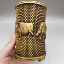 Chinese Antique Collectibles Brass Five Oxen Pencil Holder Statue Decoration