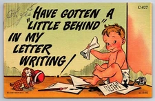 Postcard Humor Funny Cartoon Baby Boy Little Dog Gotten Behind Linen -12431