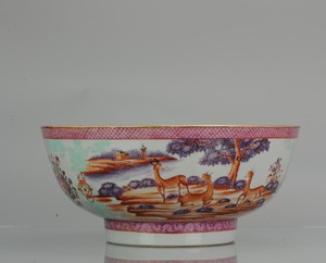 Large Antique Qianlong 18th Mandarin Rose Porcelain Bowl Chinese DEER OX...