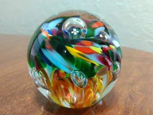 Vintage Murano Glass RAINBOW SWIRL Paperweight MCM Controlled Bubble 2 1/2"