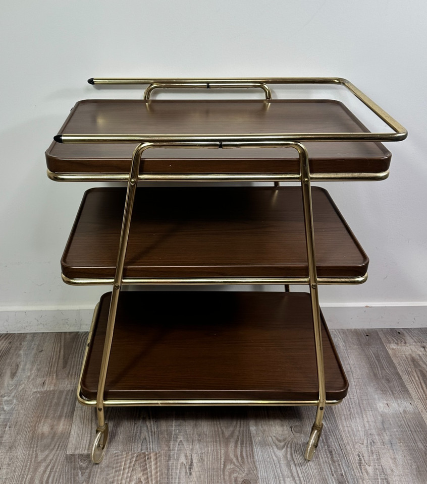 Vintage Cosco 3 Tier Cart Metal Rolling Bar Serving MCM Atomic Retro Brown