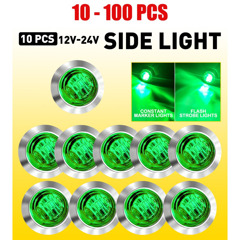 10-100X 3/4" Round Green LED Signal Truck Clearance Side Marker Strobe Light DOT