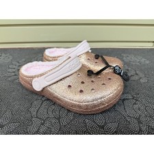 Crocs Kids Pink Glitter Faux Shearling Lined Clogs Size 2 youth New