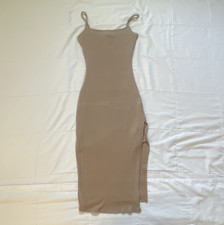 Windsor Tan/Brown Solid Ribbed Knit Square Neck Strappy Midi Dress Side Slit, XS