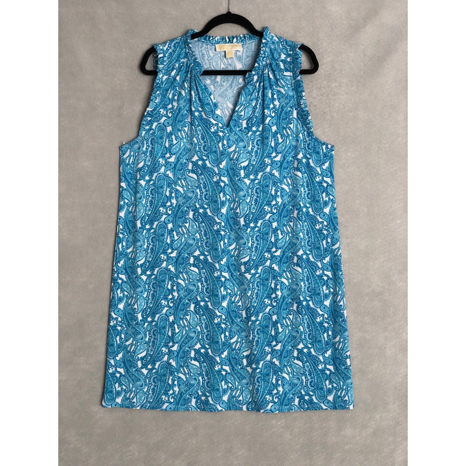 Michael Michael Kors Shift Dress Women's 1X Paisley Ruffle V-Neck Blue