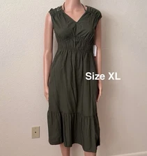 Time and Tru Women's V-Neck Midi Dress, Size XL, Olive Oak