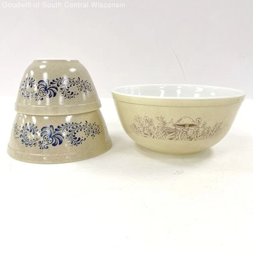 Vintage Pyrex Glass Mixing Bowls 3 Pc. Set Forest Fancies & Homestead Patterns