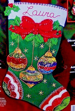 Bucilla "JEWELED ORNAMENTS" Felt OriginalChristmas Stocking Kit Rare Not Plaid