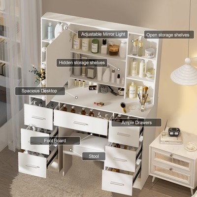Dressing Table Set with 7 Drawers and Shelves 10 LED Lighted Mirror & Stool
