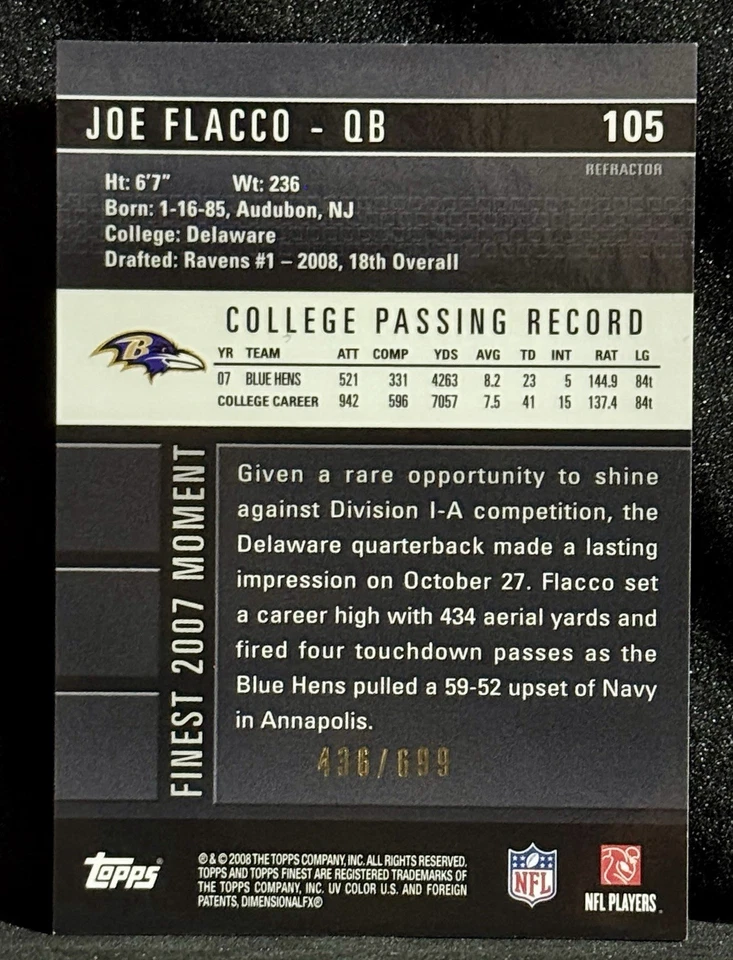 Joe Flacco (RC) 2008 Topps Finest #105 Rookie Refractor/699 Ravens Foto 2 de 2