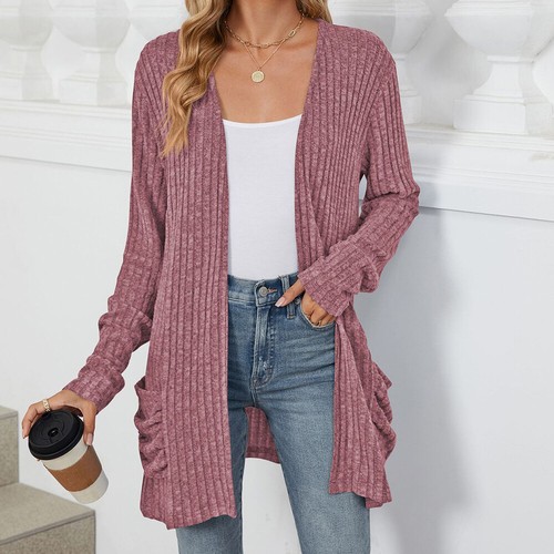 Suéter tipo jersey de punto acanalado de manga larga para mujer blusa cárdigan vintage informal - Imagen 24 de 31