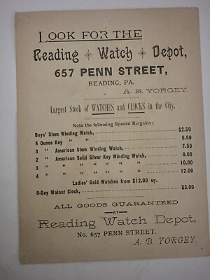 c1880 Victorian Trade Card AB Yorgey Reading PA  WATCH DEPOT B9