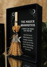 Wicca Witch Broom Magick Broomstick W/ Pentagram Triple Moon Pendant Lucky Charm