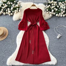 Fashion Flower Trumpet Sleeve Tied Waist Dress Womens Elegant A-Line Long Skirts