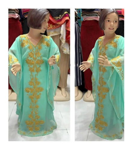 Maxi Long Gown Ramadan Eid Sea Green Kid Kaftan Georgette Style Moroccan Dress - Picture 1 of 3