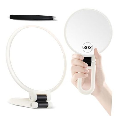  Hand Mirror, 30X Magnifying Mirror on Stand, Double Sided Pearl White
