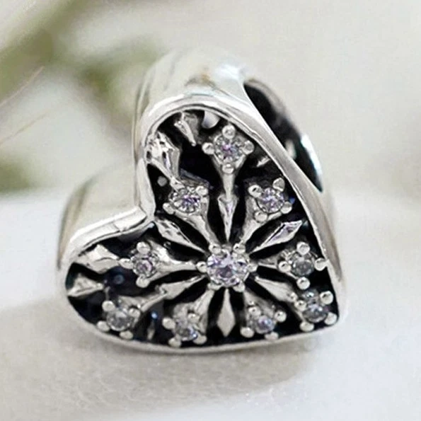 FROSTED HEART-Frozen Winter-Snowflake-925 Sterling Silver European Bead Charm-CZ